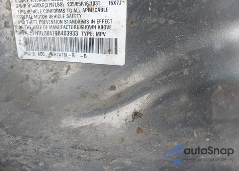 2009 Honda Odyssey Ex from USA, damaged, VIN 5FNRL38479B403933